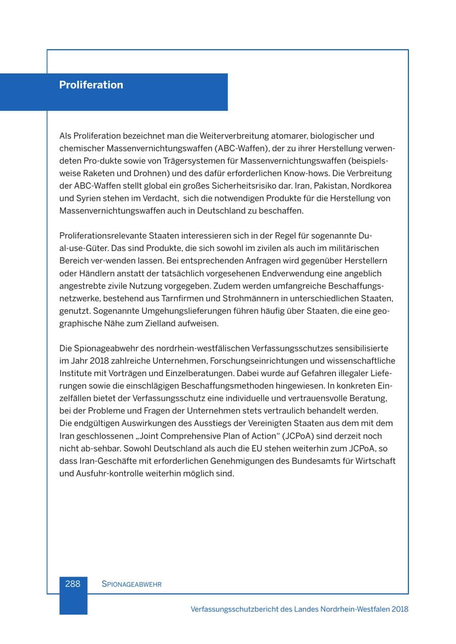Seite 289 des Verfassungsschutzbericht 2018 Nordrhein-Westfalen