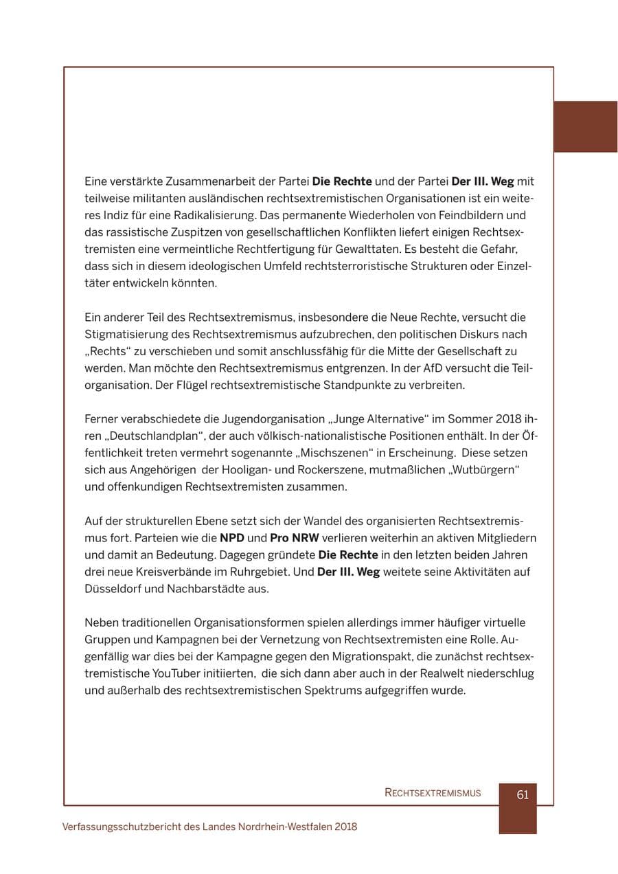 Seite 62 des Verfassungsschutzbericht 2018 Nordrhein-Westfalen