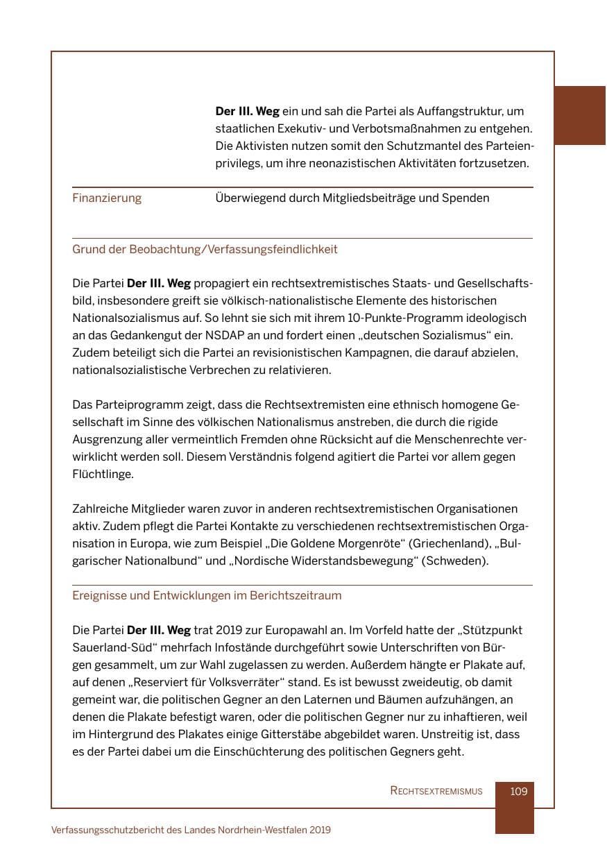 Seite 109 des Verfassungsschutzbericht 2019 Nordrhein-Westfalen