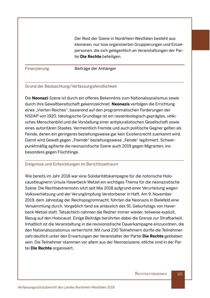 Seite 121 des Verfassungsschutzbericht 2019 Nordrhein-Westfalen