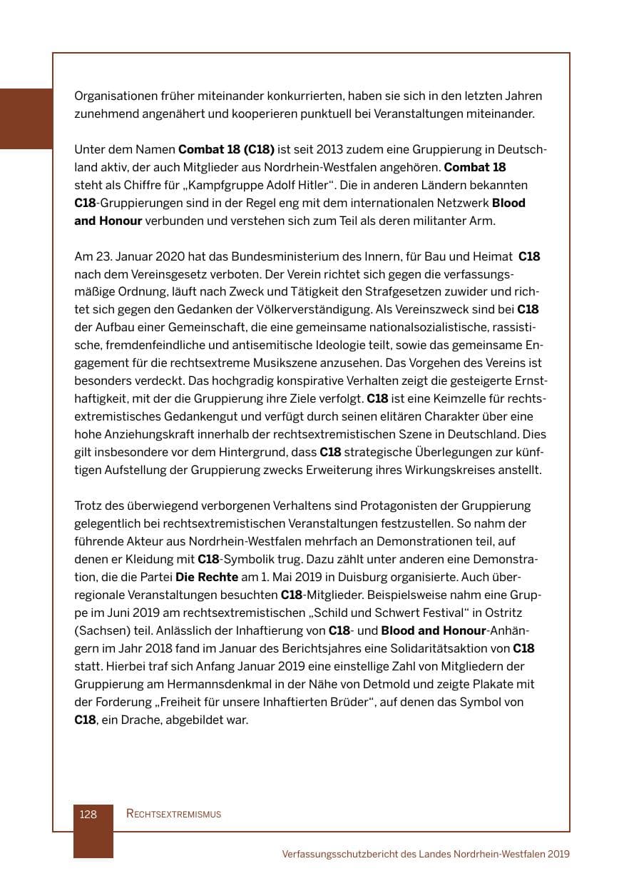 Seite 128 des Verfassungsschutzbericht 2019 Nordrhein-Westfalen