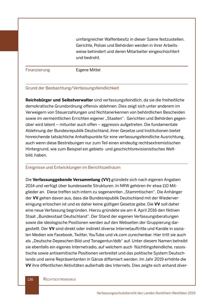 Seite 136 des Verfassungsschutzbericht 2019 Nordrhein-Westfalen