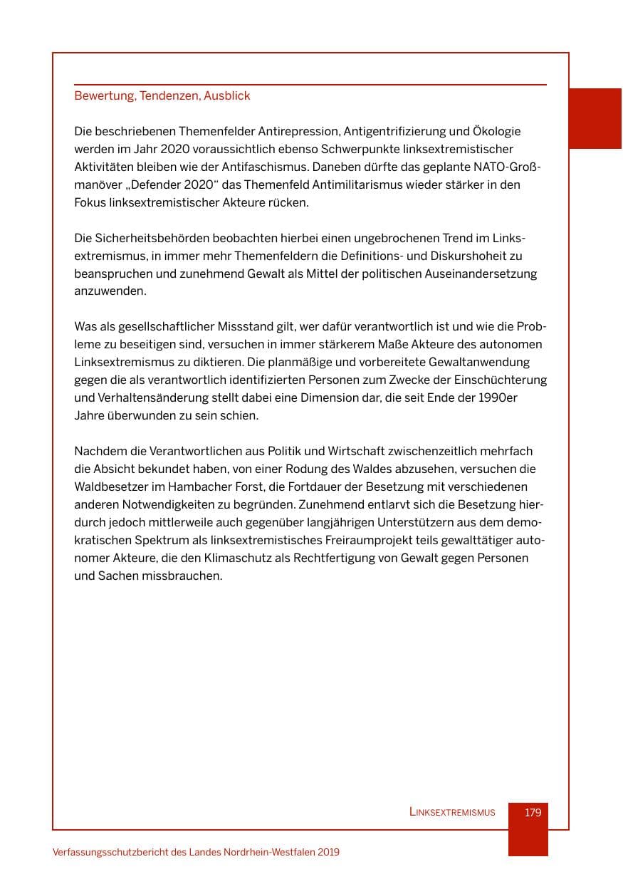 Seite 179 des Verfassungsschutzbericht 2019 Nordrhein-Westfalen