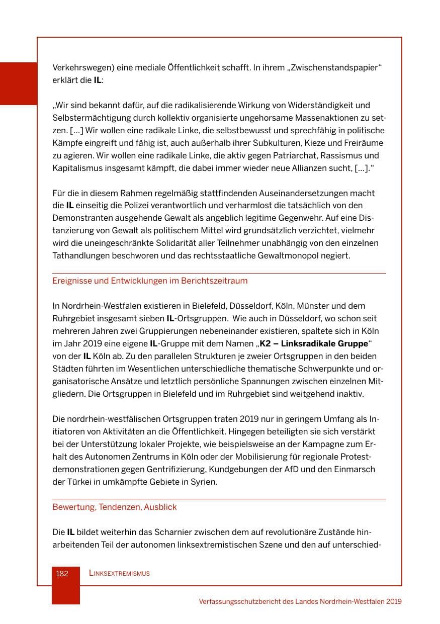 Seite 182 des Verfassungsschutzbericht 2019 Nordrhein-Westfalen