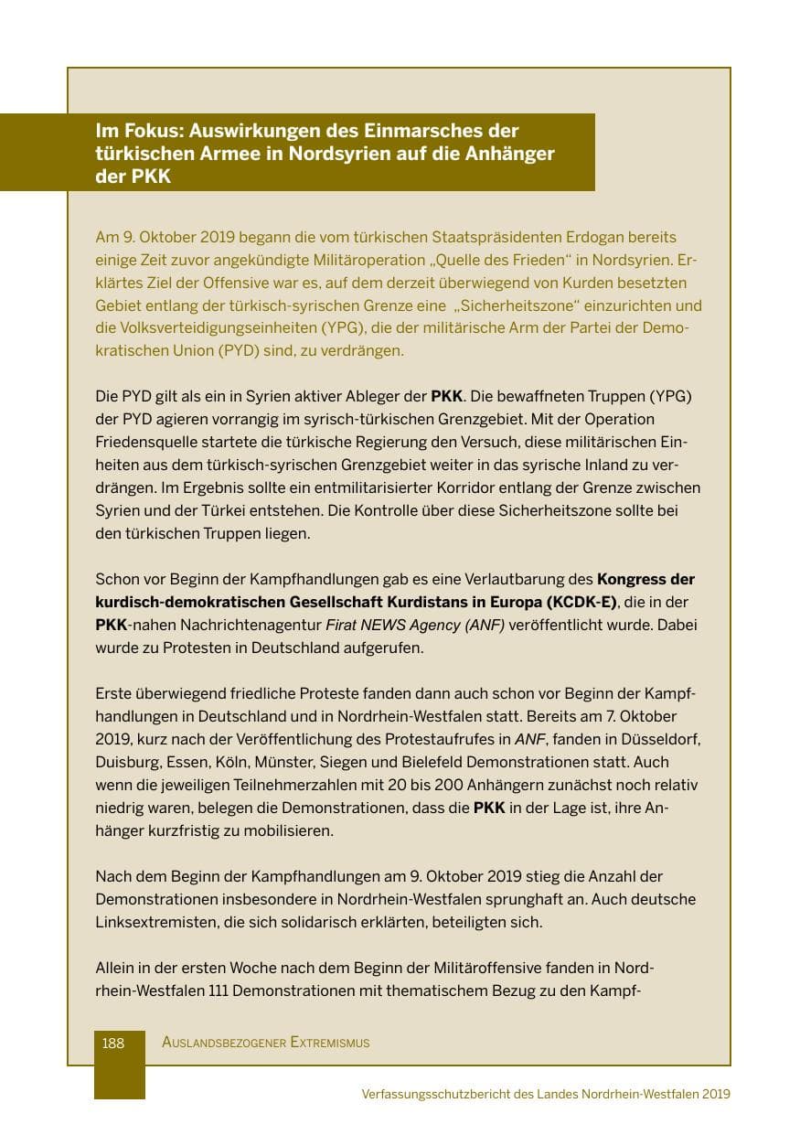 Seite 188 des Verfassungsschutzbericht 2019 Nordrhein-Westfalen