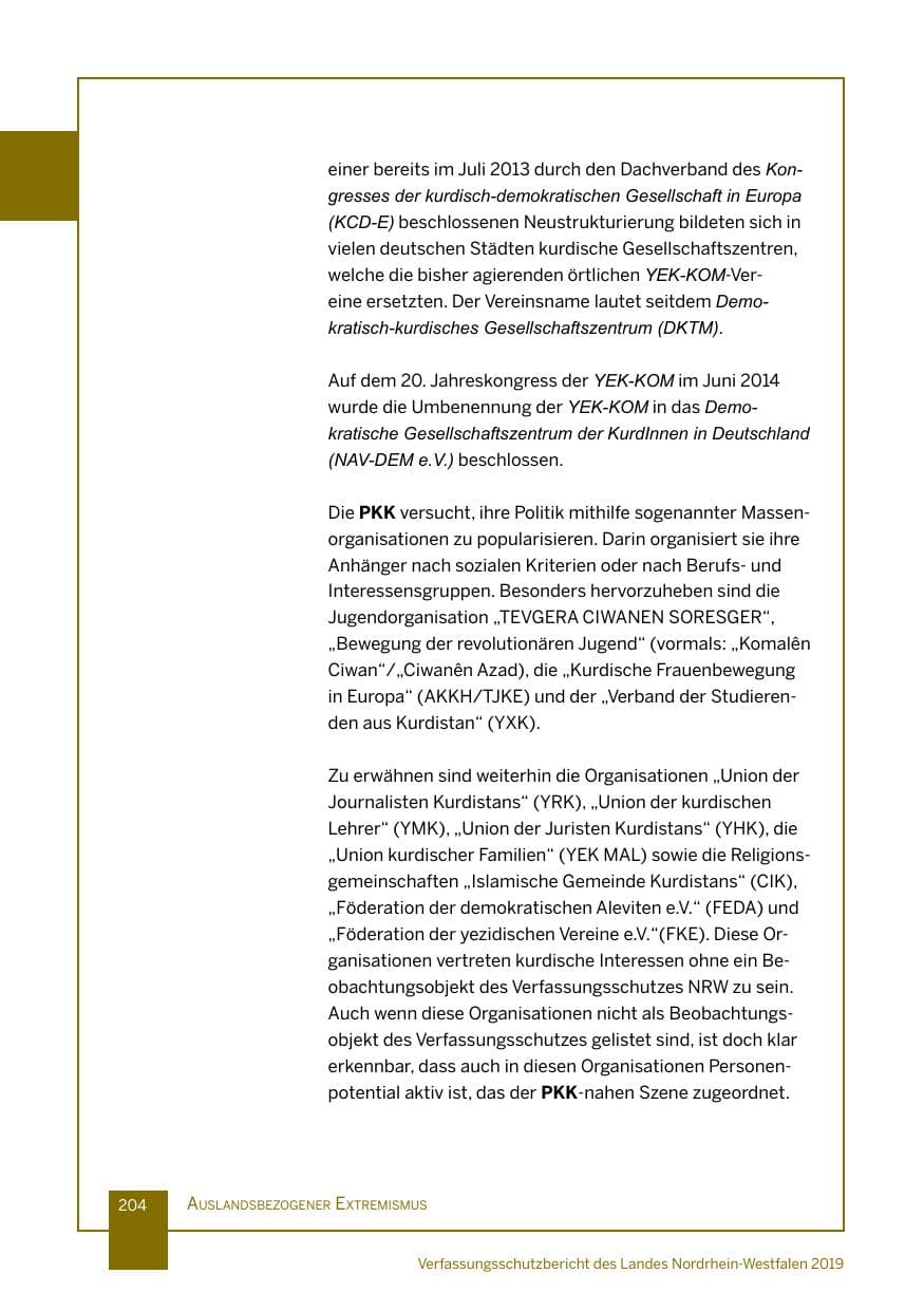 Seite 204 des Verfassungsschutzbericht 2019 Nordrhein-Westfalen