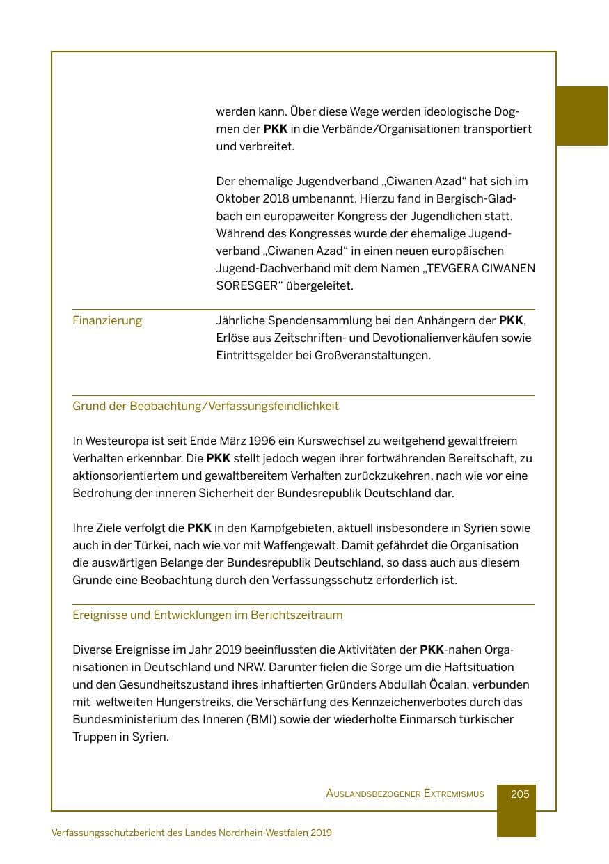 Seite 205 des Verfassungsschutzbericht 2019 Nordrhein-Westfalen