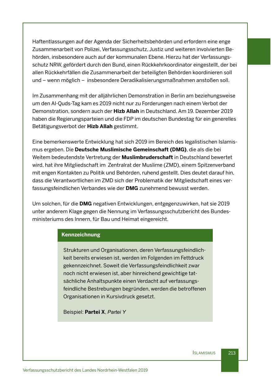 Seite 213 des Verfassungsschutzbericht 2019 Nordrhein-Westfalen
