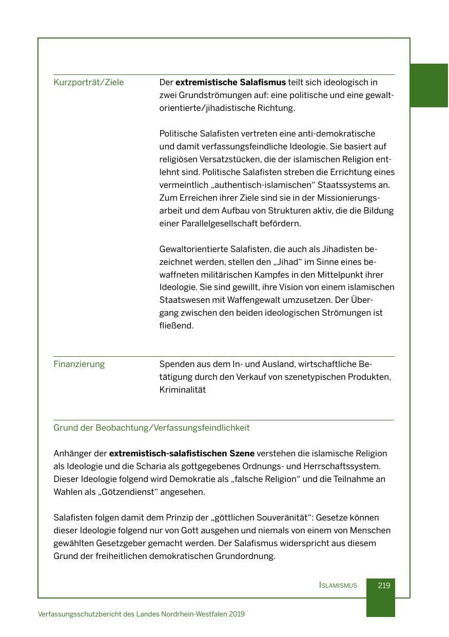 Seite 219 des Verfassungsschutzbericht 2019 Nordrhein-Westfalen