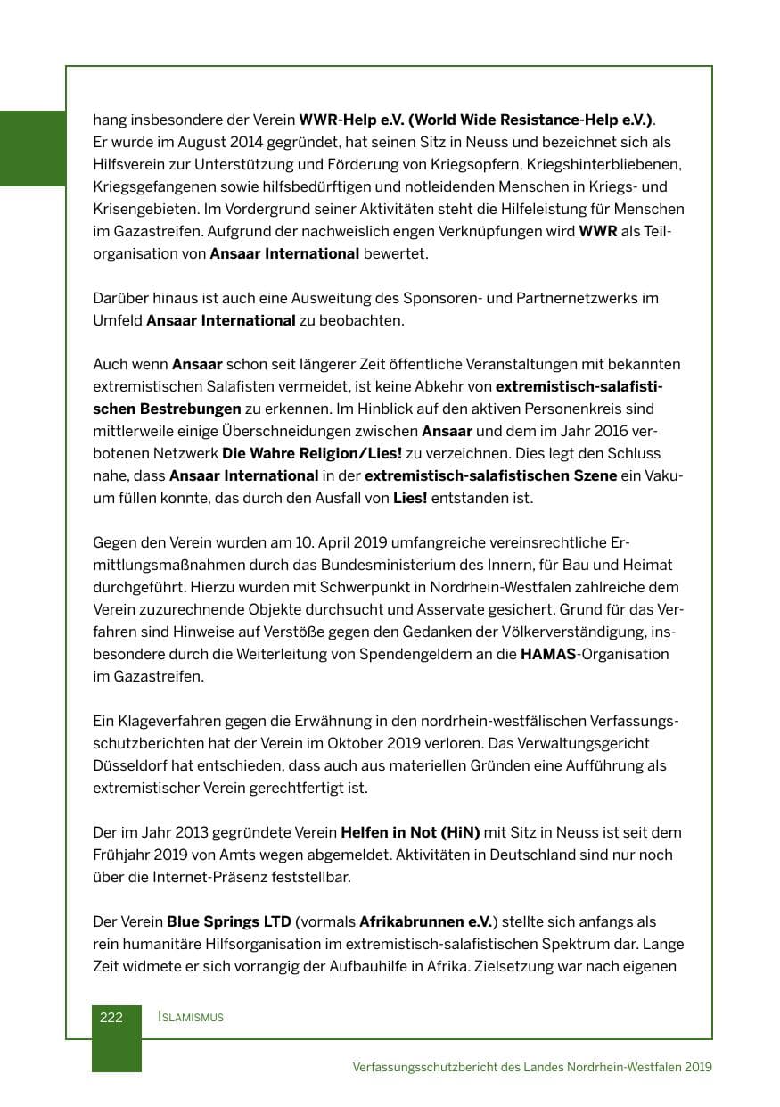 Seite 222 des Verfassungsschutzbericht 2019 Nordrhein-Westfalen