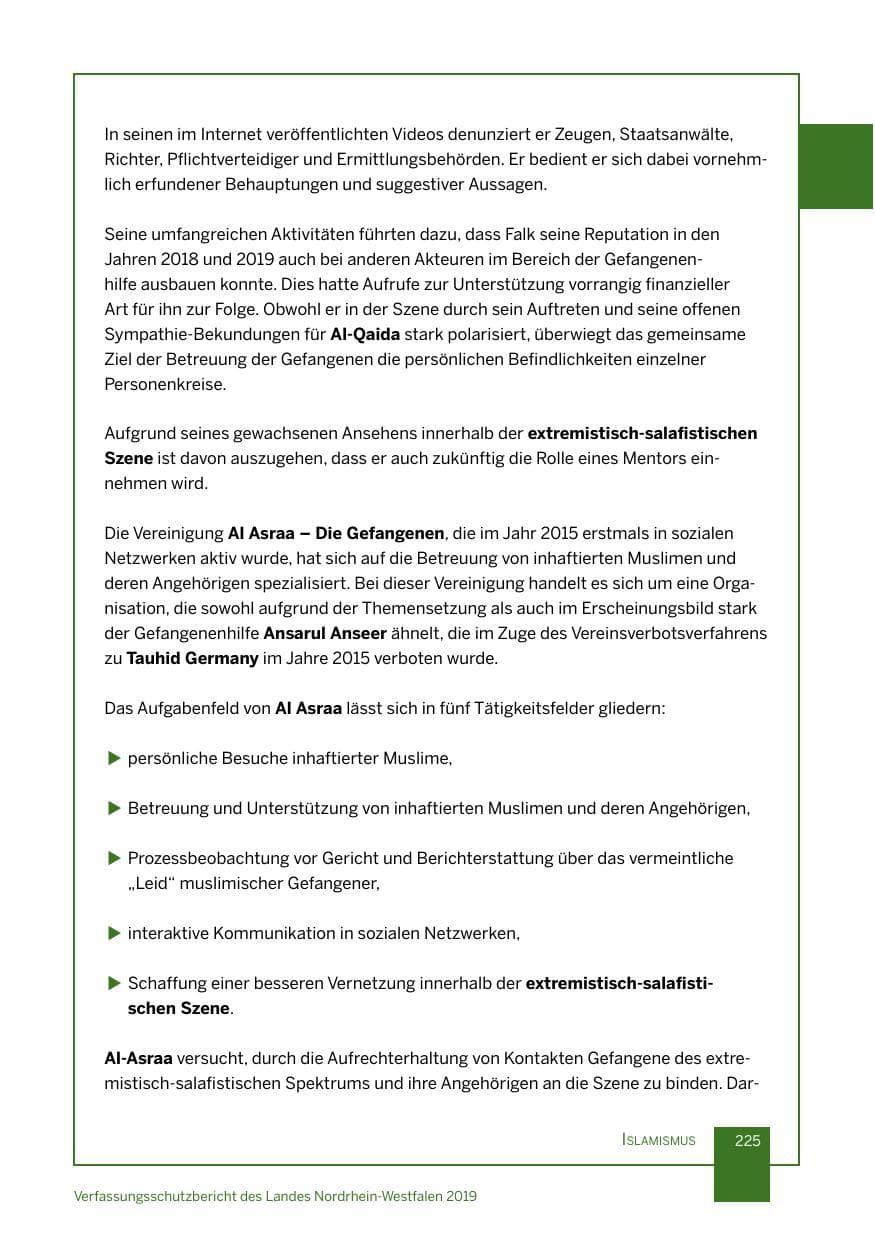 Seite 225 des Verfassungsschutzbericht 2019 Nordrhein-Westfalen