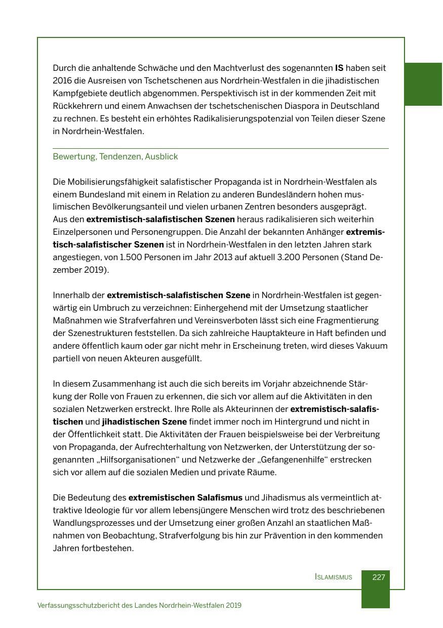 Seite 227 des Verfassungsschutzbericht 2019 Nordrhein-Westfalen