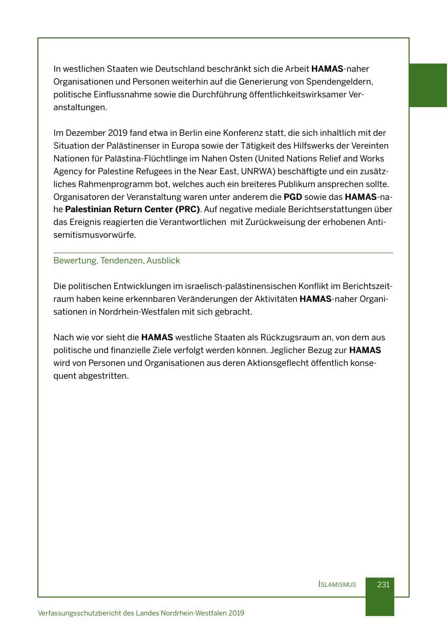 Seite 231 des Verfassungsschutzbericht 2019 Nordrhein-Westfalen