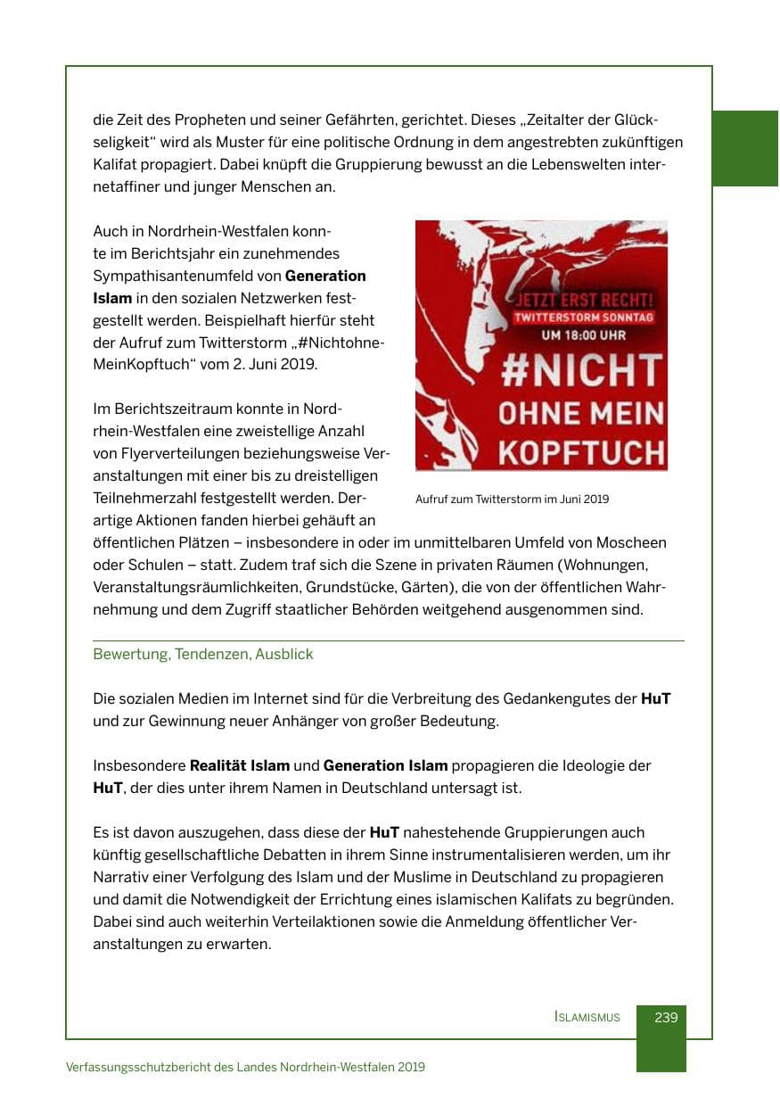 Seite 239 des Verfassungsschutzbericht 2019 Nordrhein-Westfalen