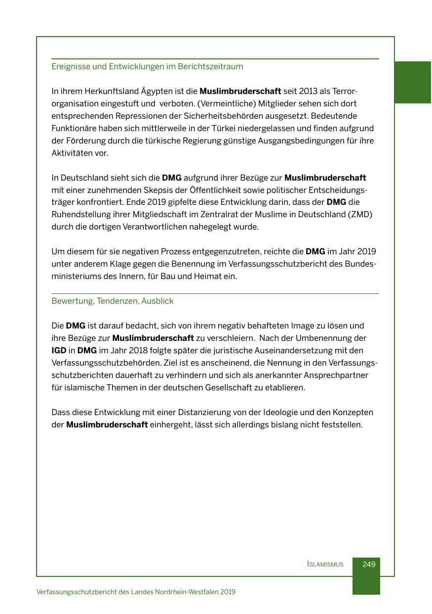 Seite 249 des Verfassungsschutzbericht 2019 Nordrhein-Westfalen