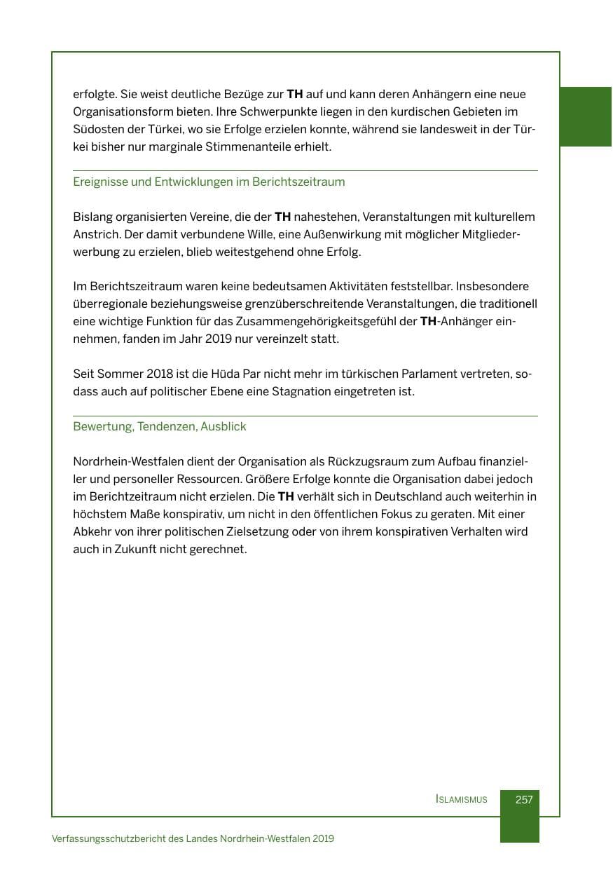 Seite 257 des Verfassungsschutzbericht 2019 Nordrhein-Westfalen