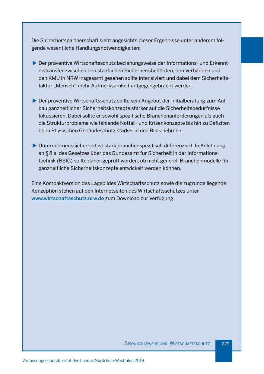 Seite 279 des Verfassungsschutzbericht 2019 Nordrhein-Westfalen