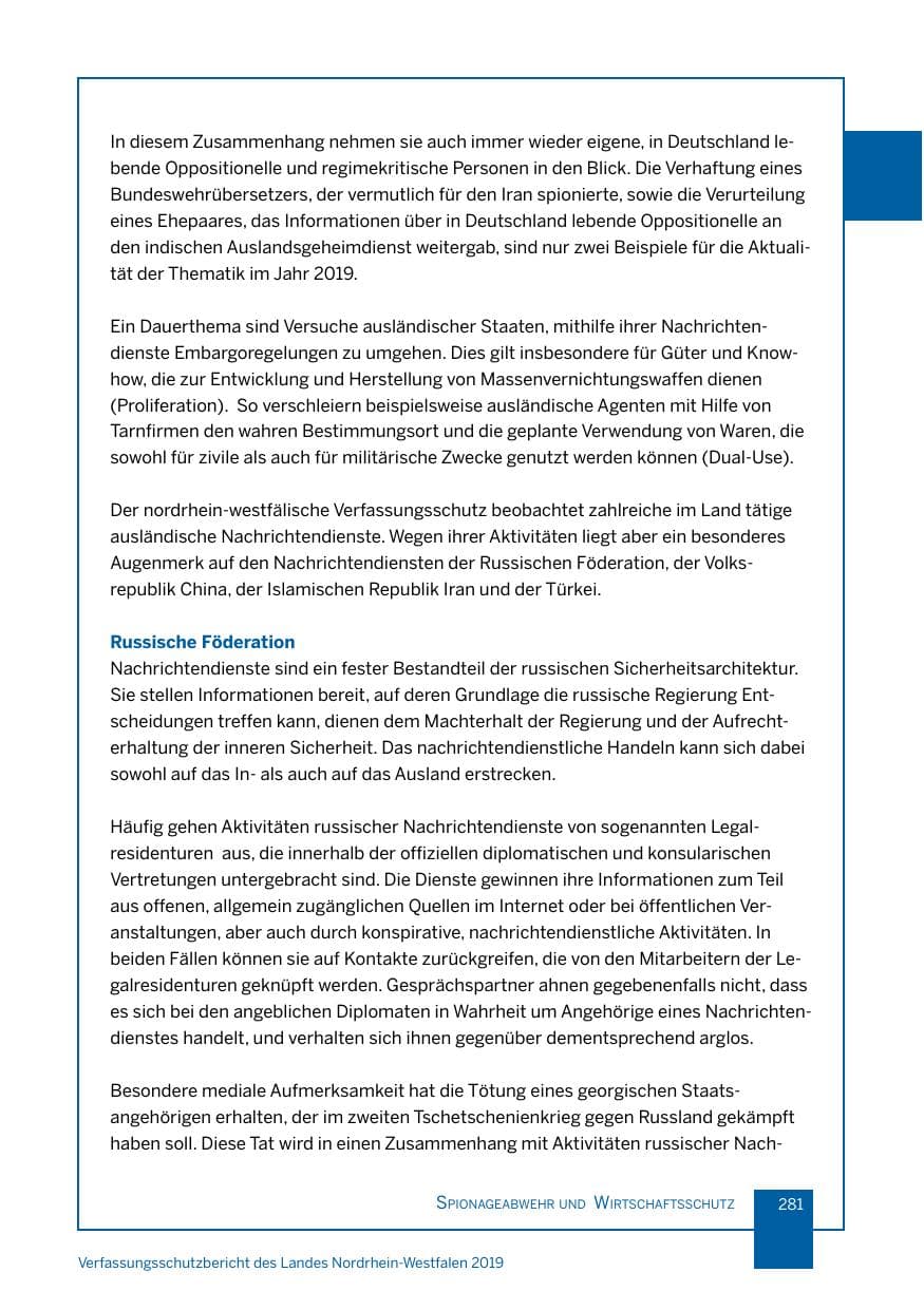 Seite 281 des Verfassungsschutzbericht 2019 Nordrhein-Westfalen