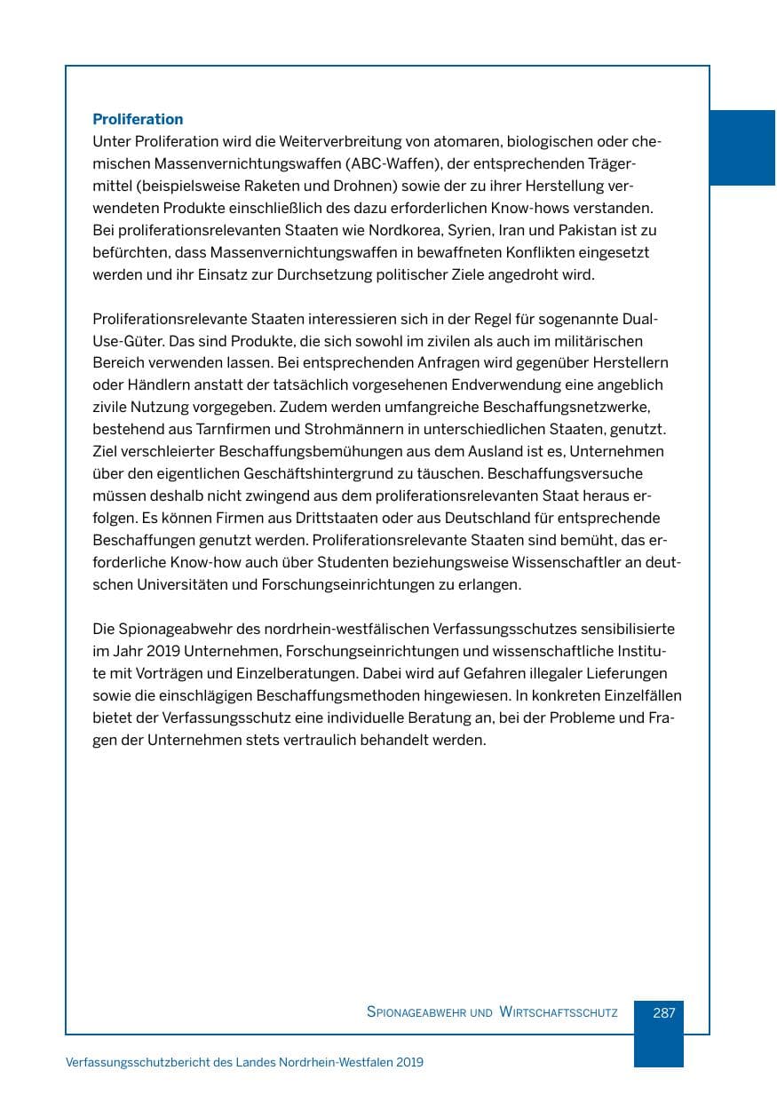 Seite 287 des Verfassungsschutzbericht 2019 Nordrhein-Westfalen