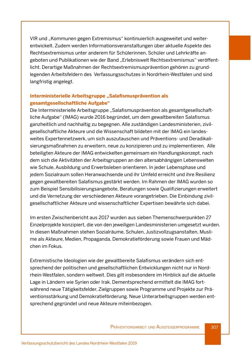 Seite 307 des Verfassungsschutzbericht 2019 Nordrhein-Westfalen