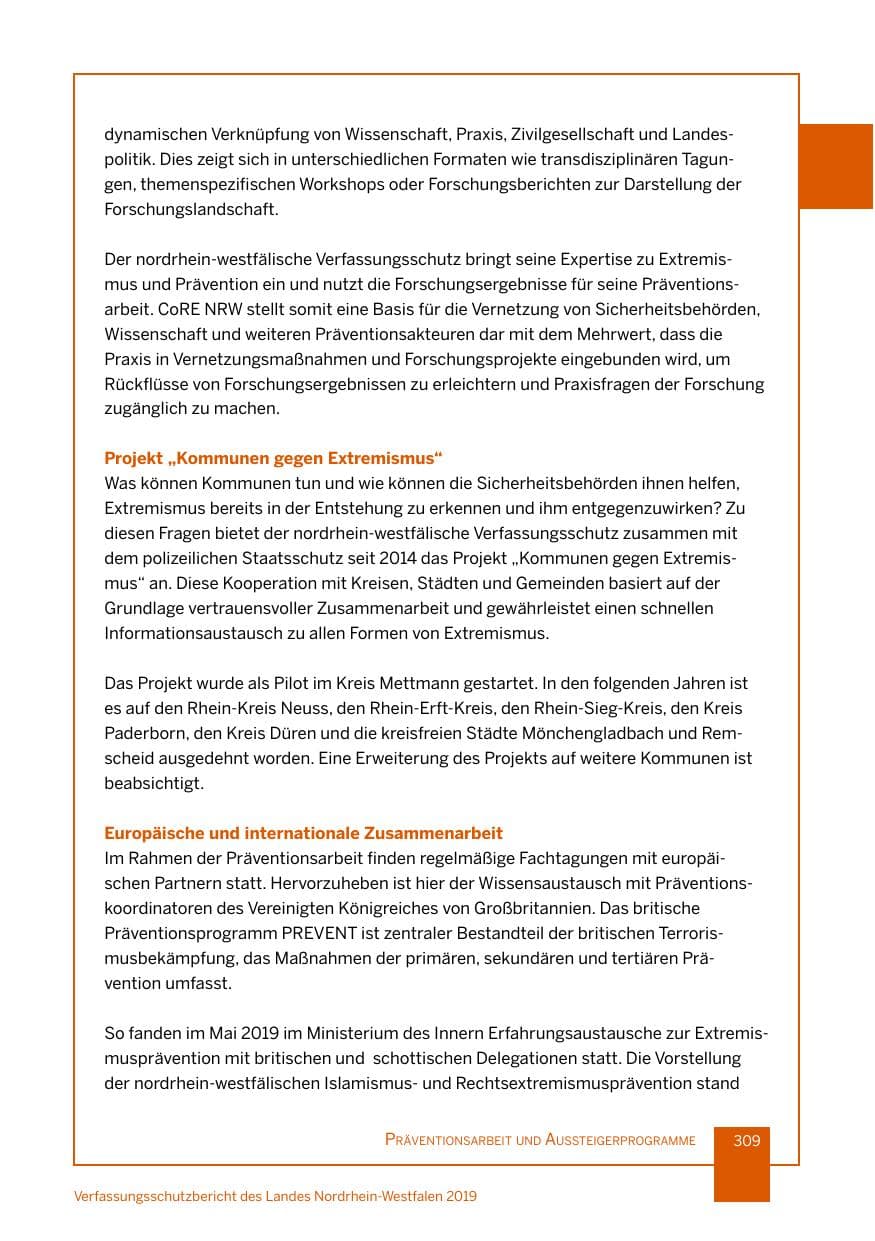 Seite 309 des Verfassungsschutzbericht 2019 Nordrhein-Westfalen
