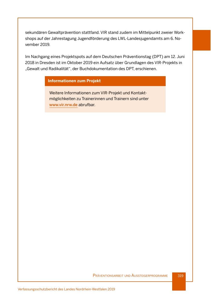 Seite 319 des Verfassungsschutzbericht 2019 Nordrhein-Westfalen