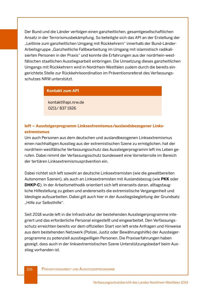 Seite 326 des Verfassungsschutzbericht 2019 Nordrhein-Westfalen