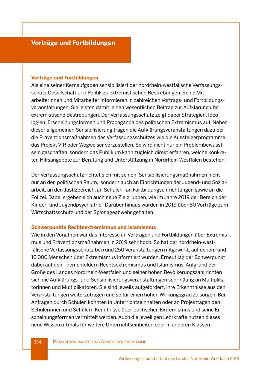 Seite 334 des Verfassungsschutzbericht 2019 Nordrhein-Westfalen