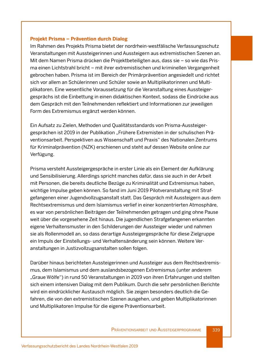 Seite 339 des Verfassungsschutzbericht 2019 Nordrhein-Westfalen