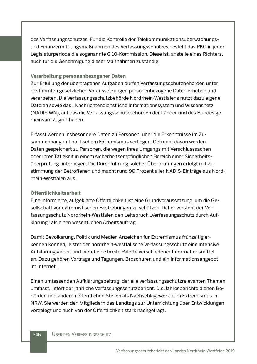 Seite 346 des Verfassungsschutzbericht 2019 Nordrhein-Westfalen