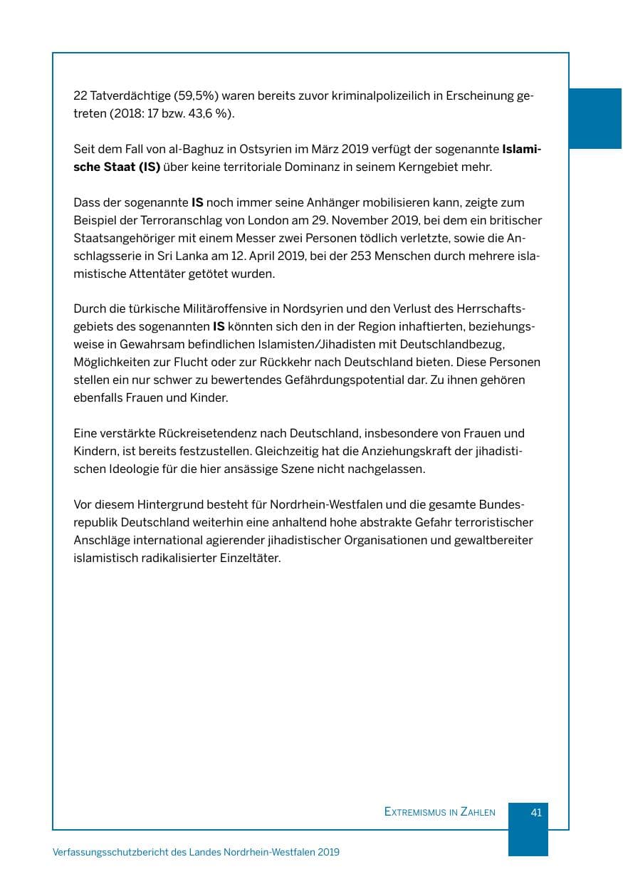 Seite 41 des Verfassungsschutzbericht 2019 Nordrhein-Westfalen