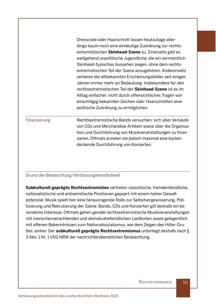 Seite 112 des Verfassungsschutzbericht 2020 Nordrhein-Westfalen