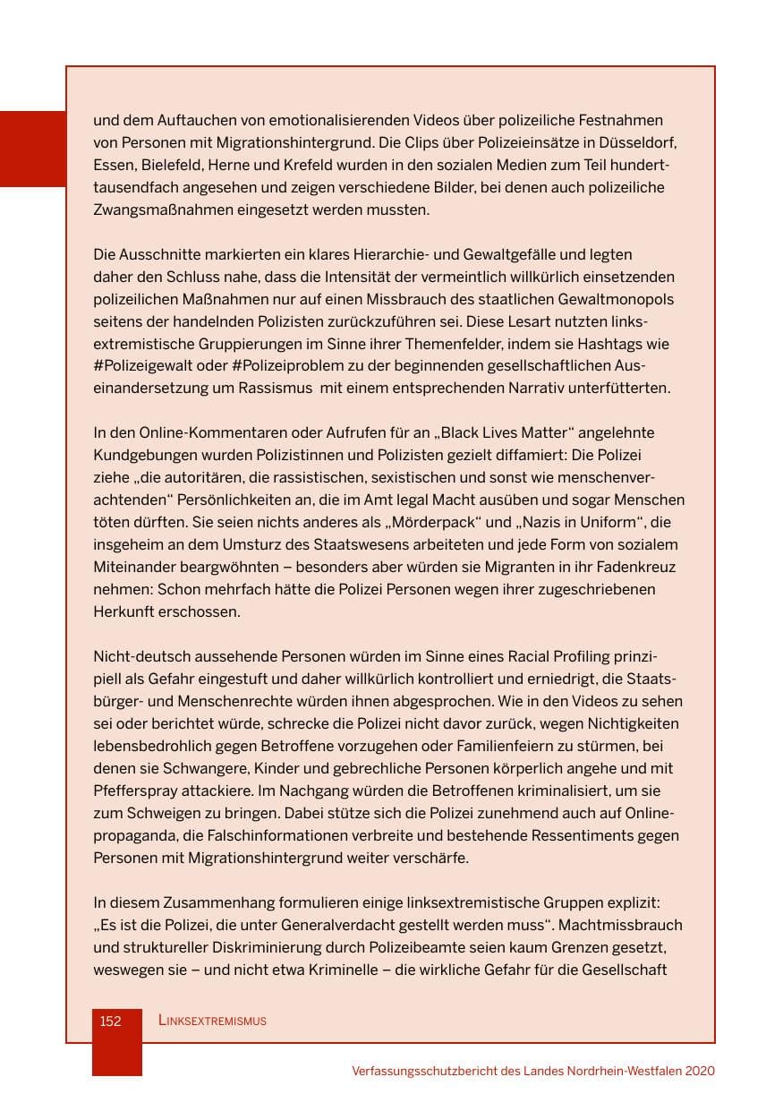 Seite 153 des Verfassungsschutzbericht 2020 Nordrhein-Westfalen