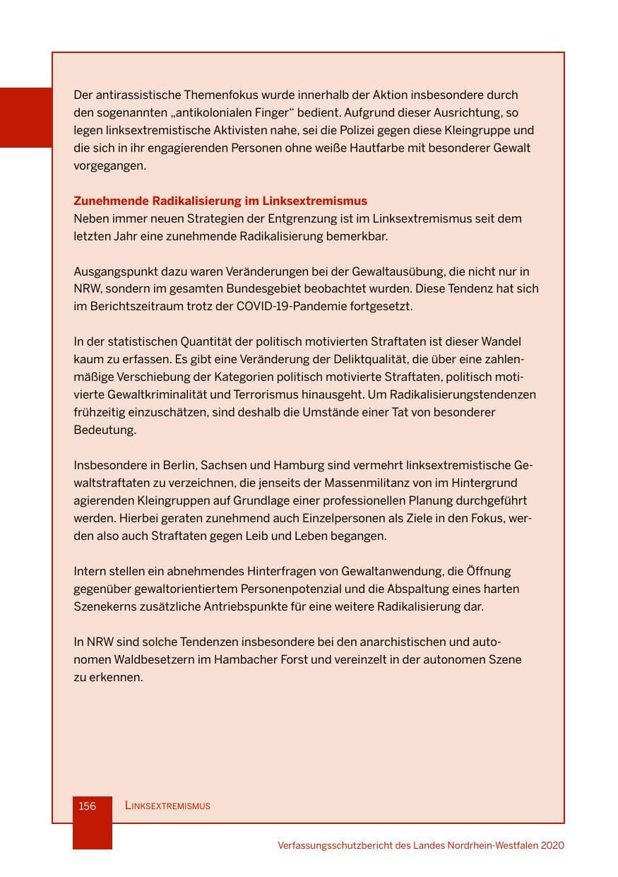 Seite 157 des Verfassungsschutzbericht 2020 Nordrhein-Westfalen
