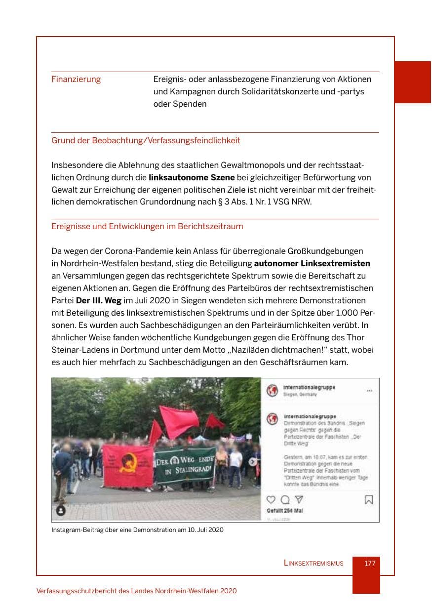 Seite 178 des Verfassungsschutzbericht 2020 Nordrhein-Westfalen