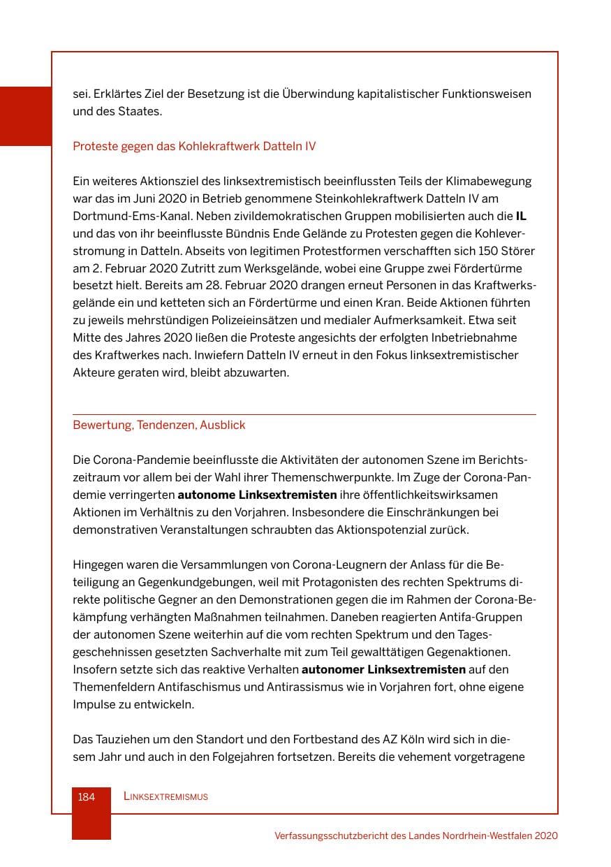 Seite 185 des Verfassungsschutzbericht 2020 Nordrhein-Westfalen