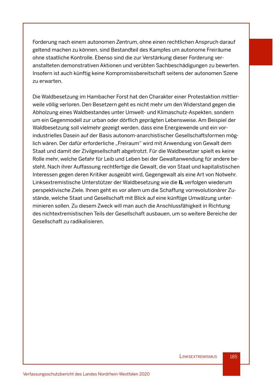 Seite 186 des Verfassungsschutzbericht 2020 Nordrhein-Westfalen