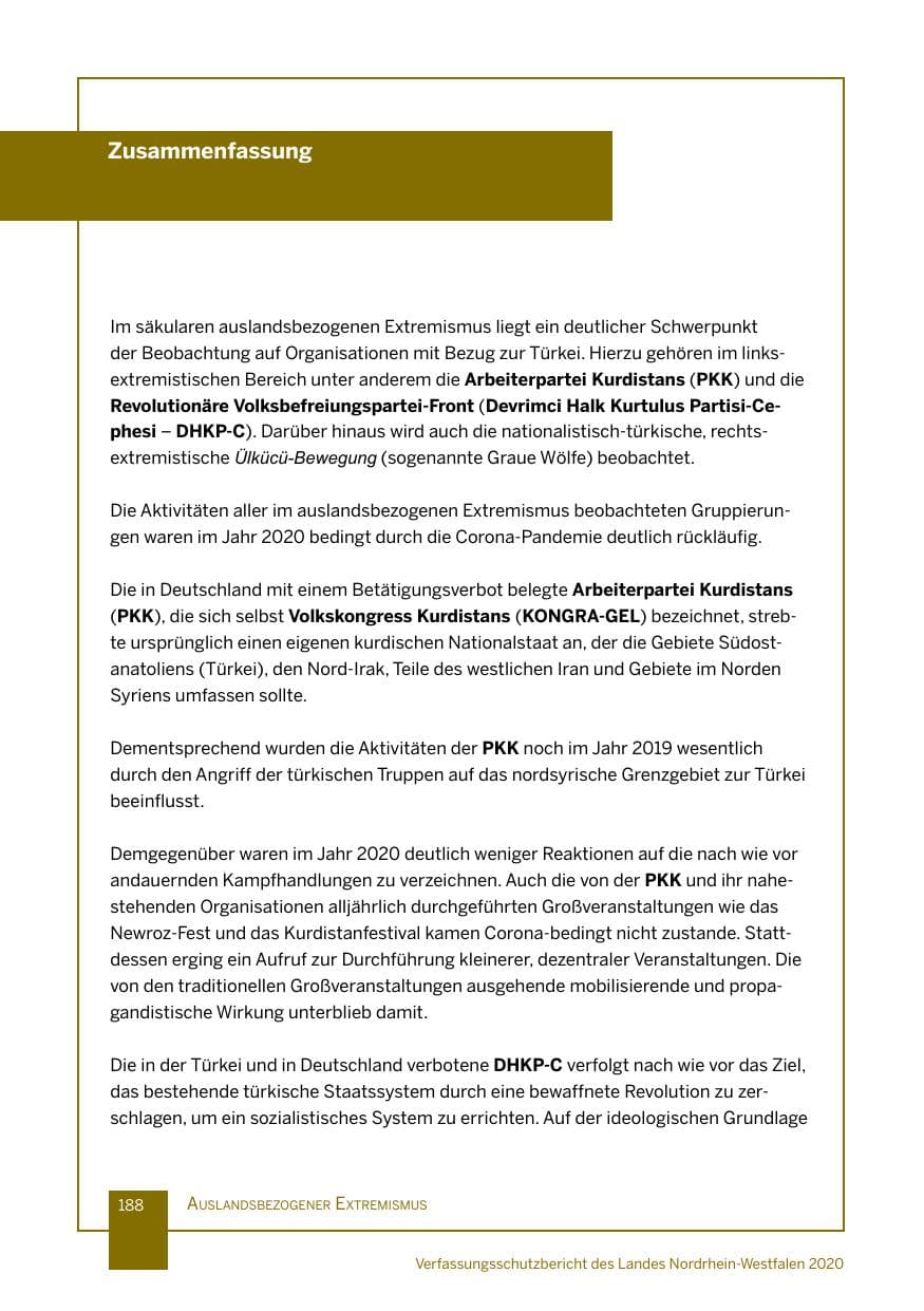 Seite 189 des Verfassungsschutzbericht 2020 Nordrhein-Westfalen
