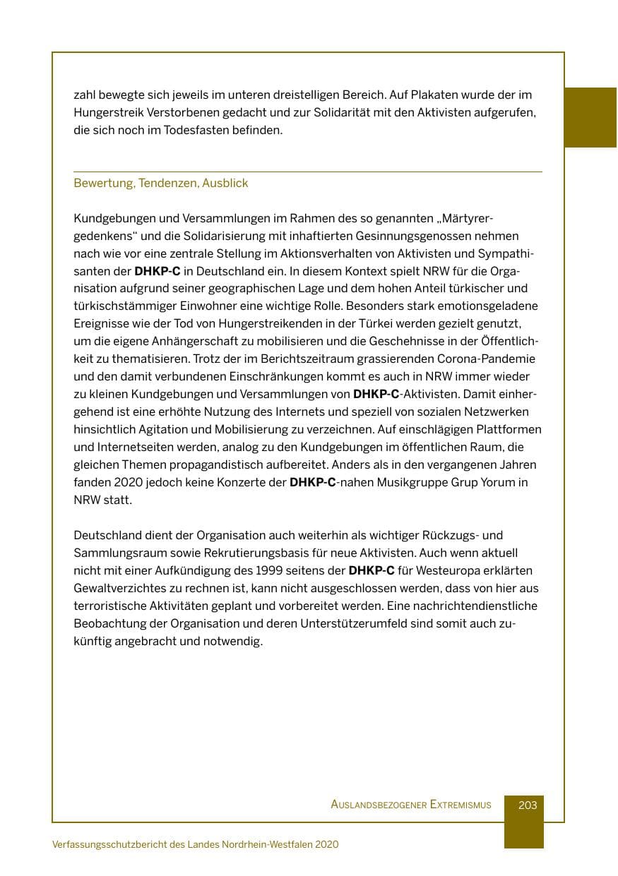 Seite 204 des Verfassungsschutzbericht 2020 Nordrhein-Westfalen