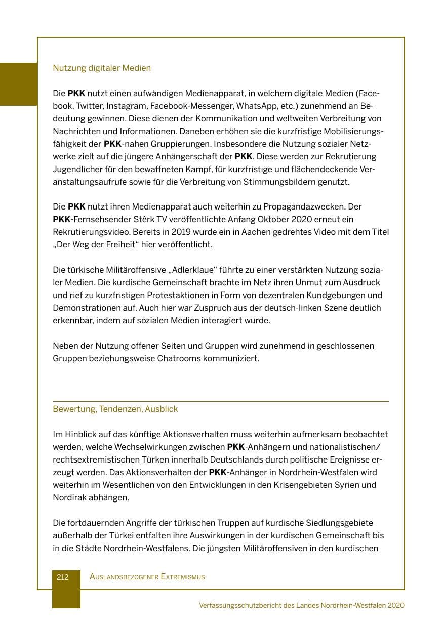 Seite 213 des Verfassungsschutzbericht 2020 Nordrhein-Westfalen