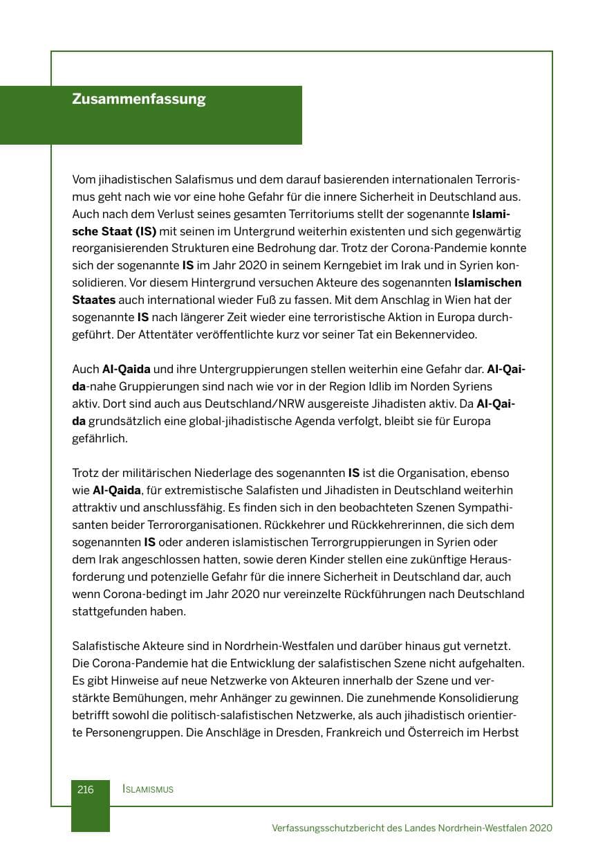 Seite 217 des Verfassungsschutzbericht 2020 Nordrhein-Westfalen