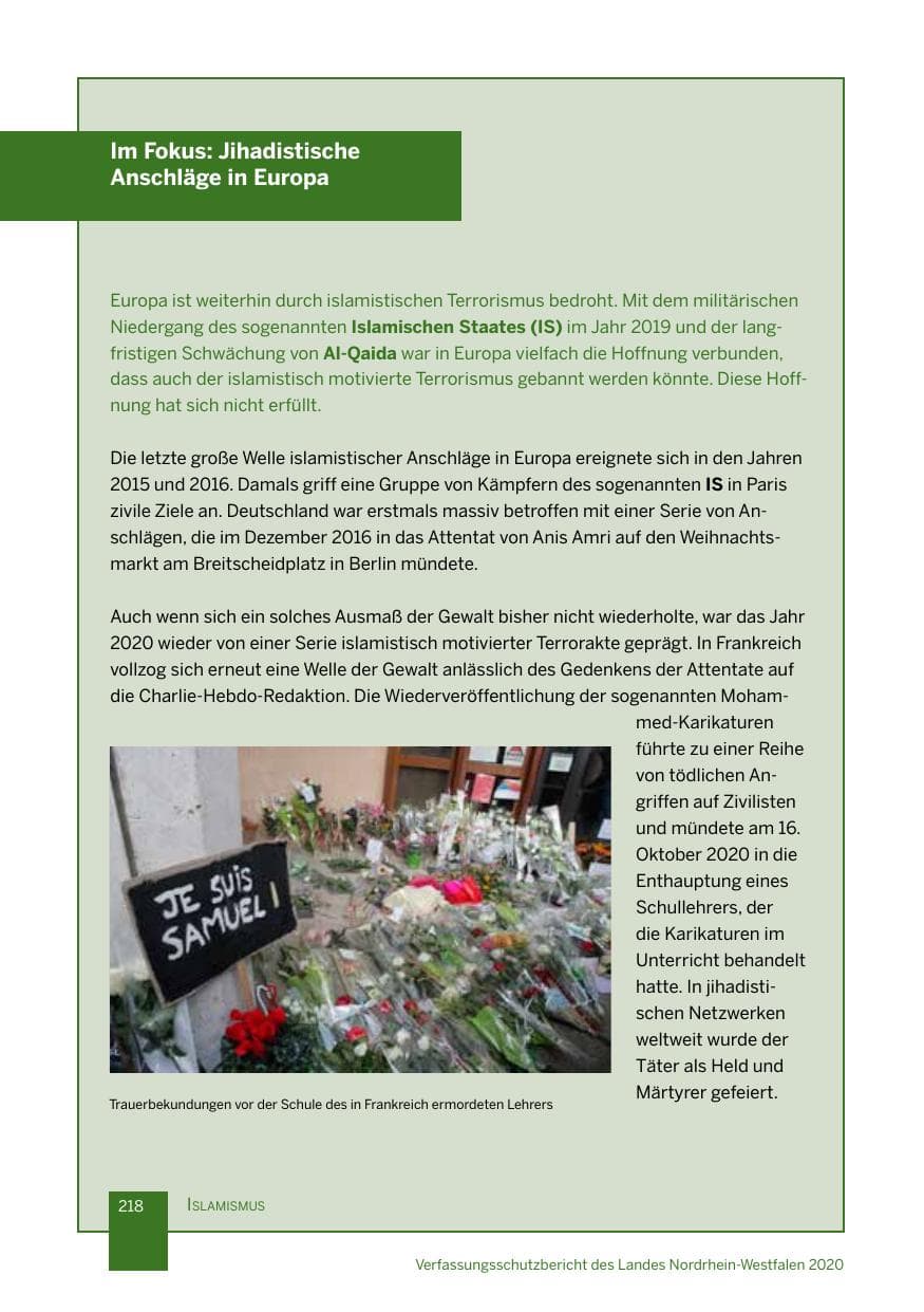 Seite 219 des Verfassungsschutzbericht 2020 Nordrhein-Westfalen