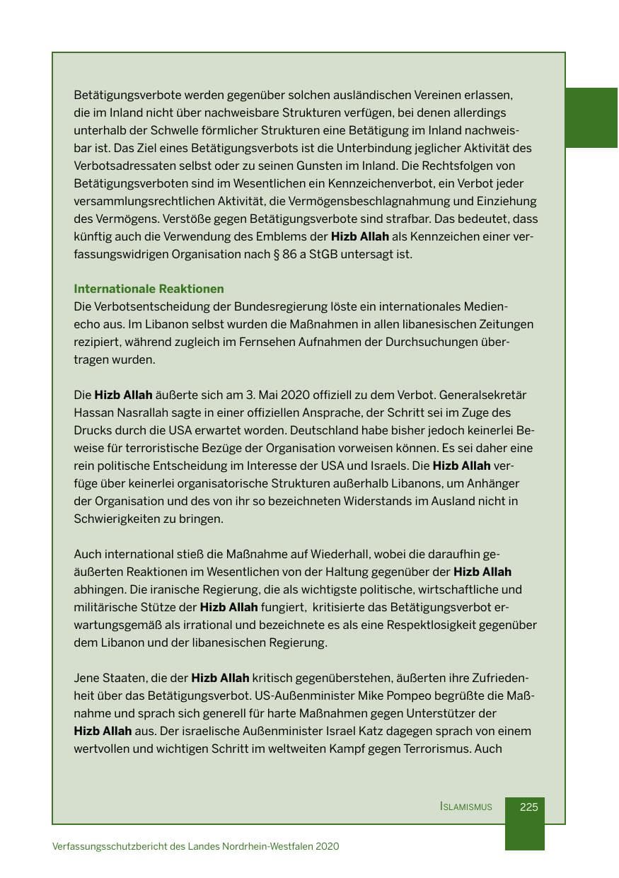 Seite 226 des Verfassungsschutzbericht 2020 Nordrhein-Westfalen