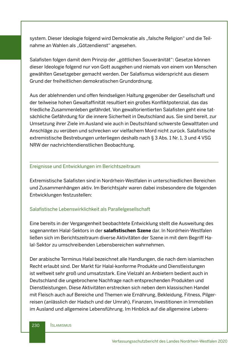 Seite 231 des Verfassungsschutzbericht 2020 Nordrhein-Westfalen