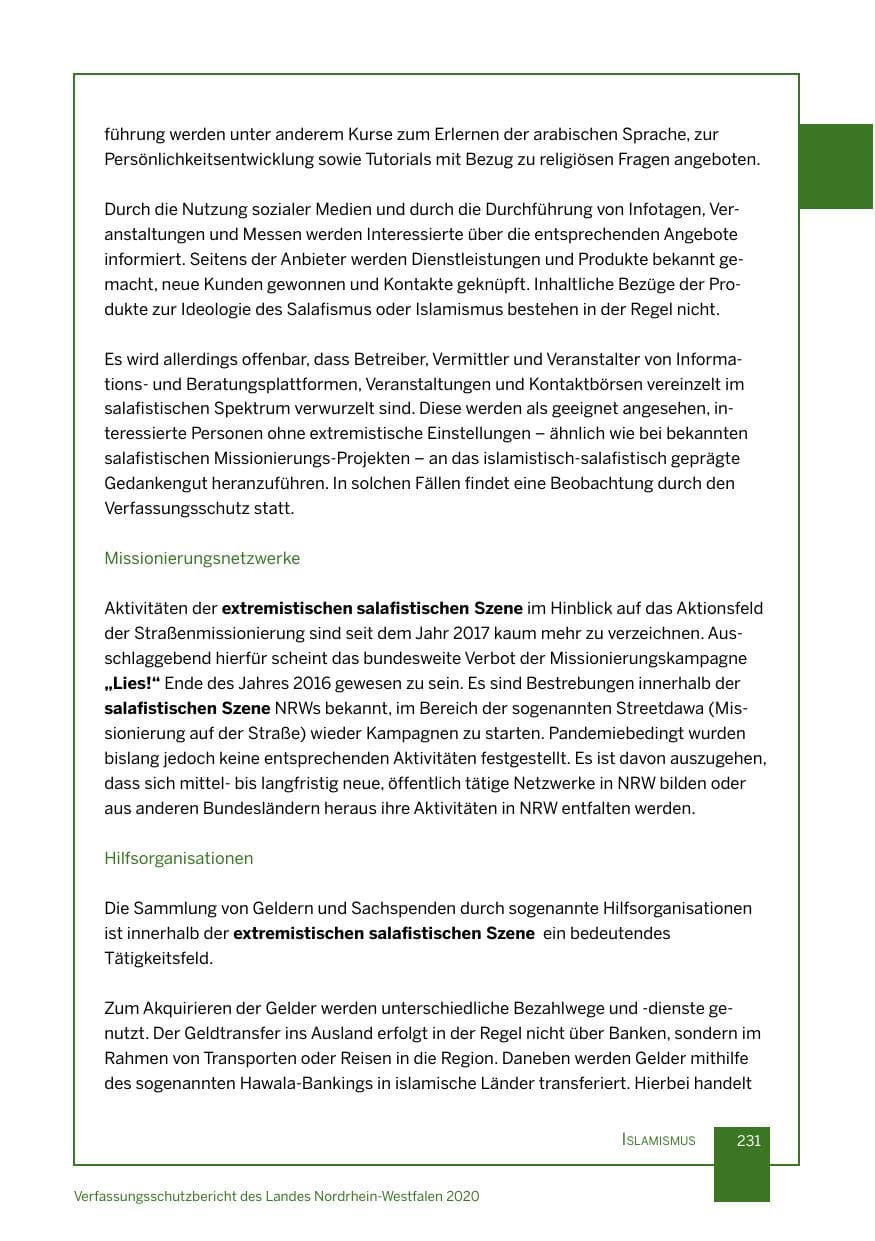 Seite 232 des Verfassungsschutzbericht 2020 Nordrhein-Westfalen
