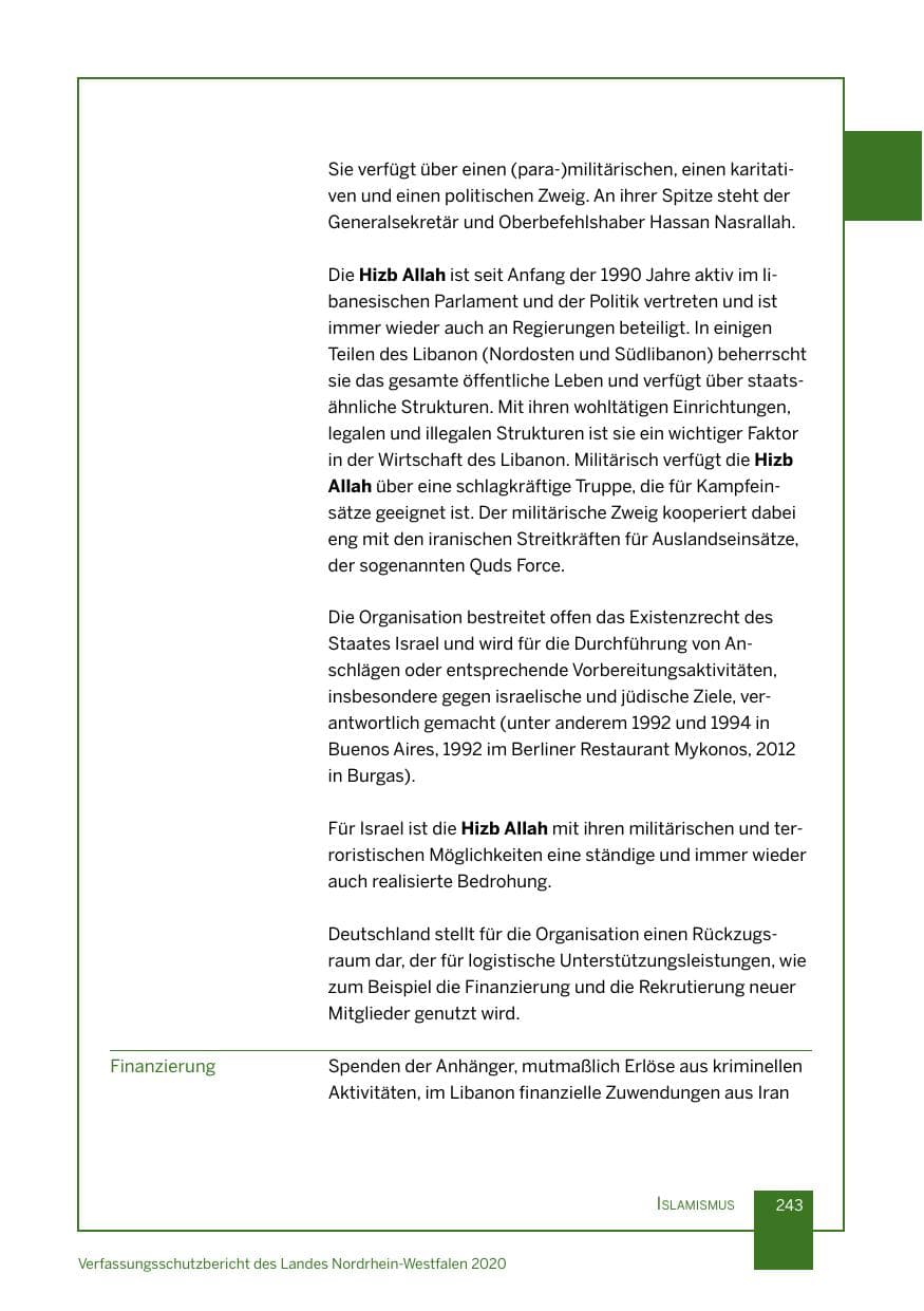 Seite 244 des Verfassungsschutzbericht 2020 Nordrhein-Westfalen