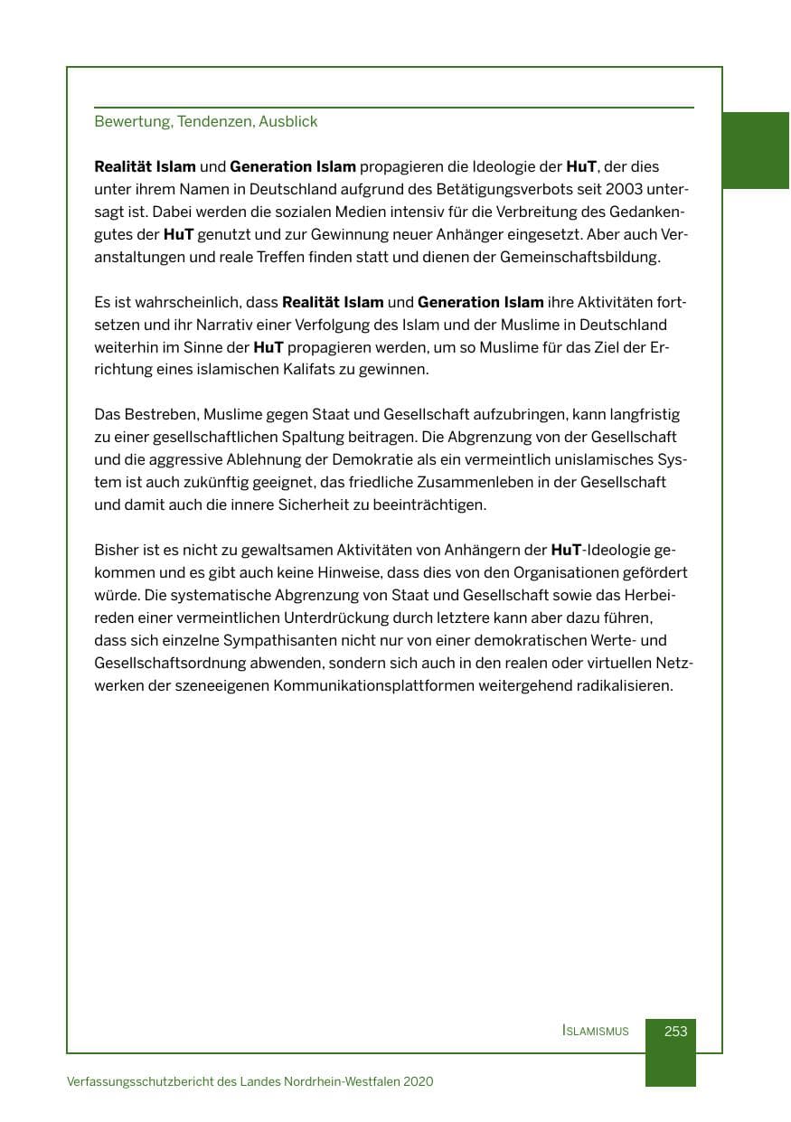 Seite 254 des Verfassungsschutzbericht 2020 Nordrhein-Westfalen