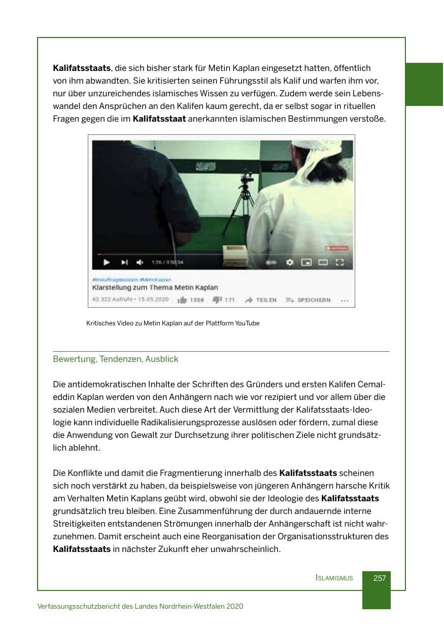 Seite 258 des Verfassungsschutzbericht 2020 Nordrhein-Westfalen