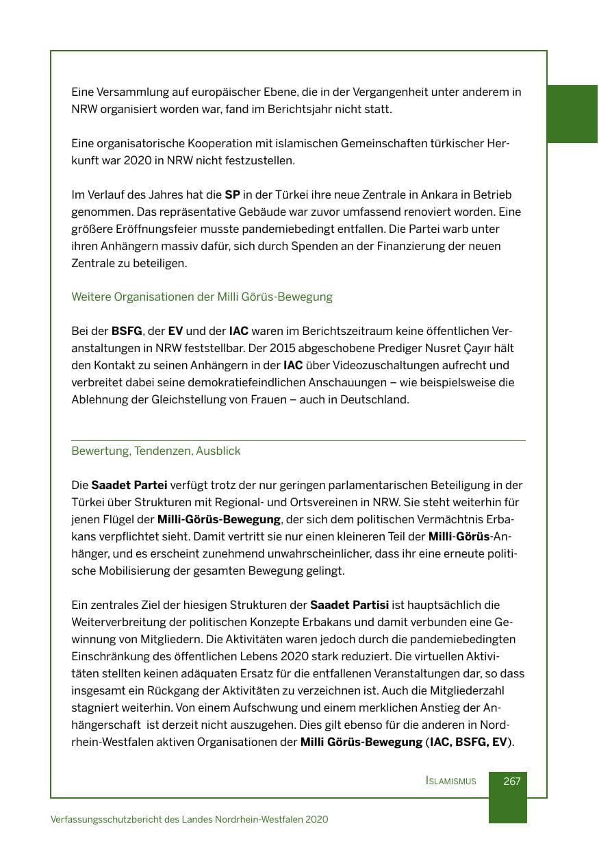 Seite 268 des Verfassungsschutzbericht 2020 Nordrhein-Westfalen