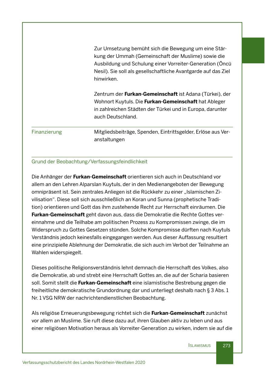 Seite 274 des Verfassungsschutzbericht 2020 Nordrhein-Westfalen